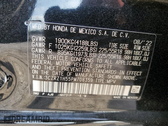 2023 Honda HR-V Sport with VIN 3CZRZ1H55PM708359, listed as a Copart auction lot 46360735 with 31,713 mi miles and Salvage Title. Bid and sale history available at carsss.com. Image 13.
