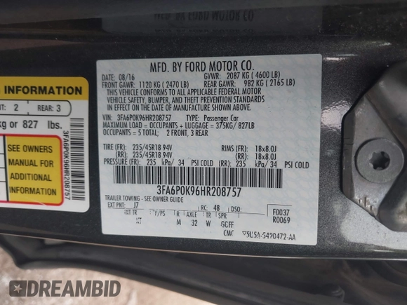 2017 Ford Fusion Titanium with VIN 3FA6P0K96HR208757, listed as a IAAI auction lot 42400172 with 90,000 mi miles and . Bid and sale history available at DreamBid. Image 9.