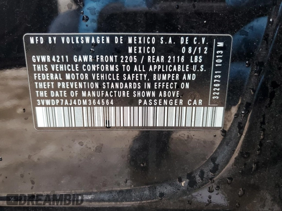 2013 Volkswagen Jetta SE with VIN 3VWDP7AJ4DM364564, listed as a Copart auction lot 44992455 with 81,203 mi miles and Salvage title. Bid and sale history available at DreamBid. Image 13.