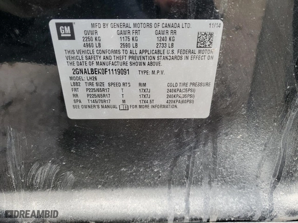 2015 Chevrolet Equinox LT with VIN 2GNALBEK0F1119091, listed as a Copart auction lot 46738825 with 143,770 mi miles and Salvage Title. Bid and sale history available at carsss.com. Image 14.
