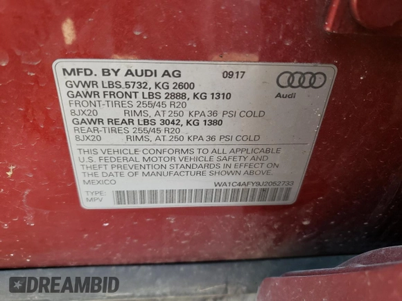 2018 Audi SQ5 Prestige with VIN WA1C4AFY9J2052733, listed as a Copart auction lot 44682114 with 132,624 mi miles and . Bid and sale history available at DreamBid. Image 14.