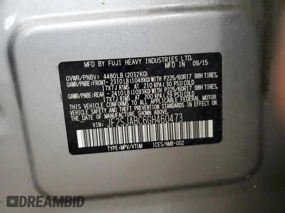 2016 Subaru Forester 2.5i with VIN JF2SJABC6GH460473, listed as a Copart auction lot 63848935 with 116,457 mi miles and Salvage title. Bid and sale history available at DreamBid. Image 14.
