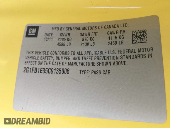 2012 Chevrolet Camaro 1LT with VIN 2G1FB1E35C9135006, listed as a IAAI auction lot 42316950 with 238,187 mi miles and . Bid and sale history available at DreamBid. Image 9.