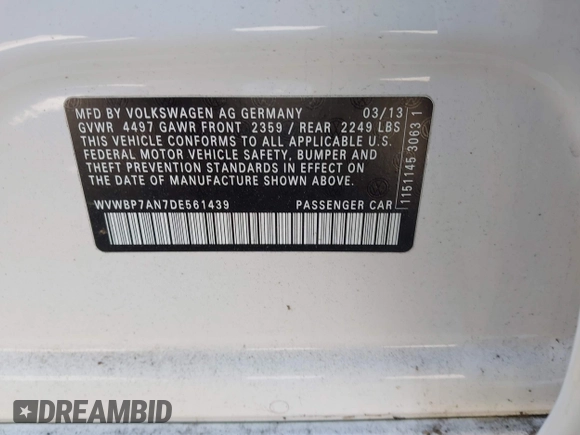 2013 Volkswagen CC Sport Plus с VIN WVWBP7AN7DE561439, выставлен на аукционе IAAI как лот 42479112 с пробегом 142 037 миль миль и . История ставок и продаж доступна на DreamBid. Изображение 9.