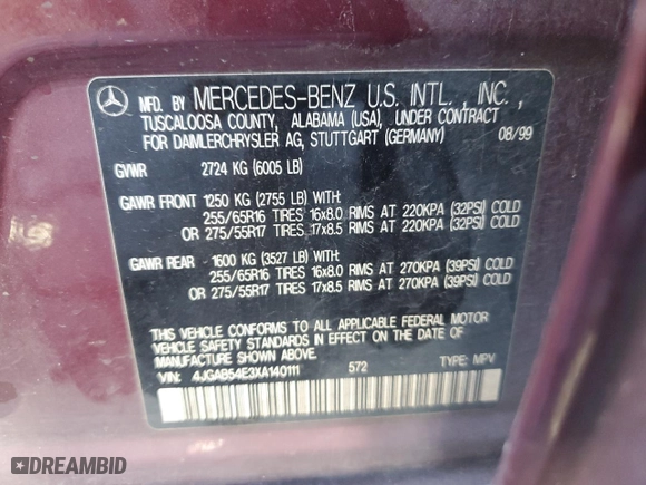 1999 Mercedes-Benz M-Class with VIN 4JGAB54E3XA140111, listed as a Copart auction lot 81330924 with 237,646 mi miles and Salvage Title. Bid and sale history available at carsss.com. Image 12.