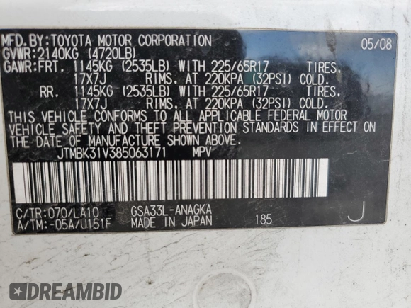 2008 Toyota RAV4 Ltd with VIN JTMBK31V385063171, listed as a Copart auction lot 53847405 with 141,938 mi miles and Salvage Title. Bid and sale history available at carsss.com. Image 13.