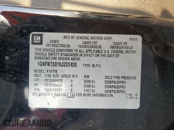 2008 GMC Yukon SLT w/4SB with VIN 1GKFK13018J228430, listed as a Copart auction lot 47087145 with 134,698 mi miles and Salvage Title. Bid and sale history available at carsss.com. Image 13.