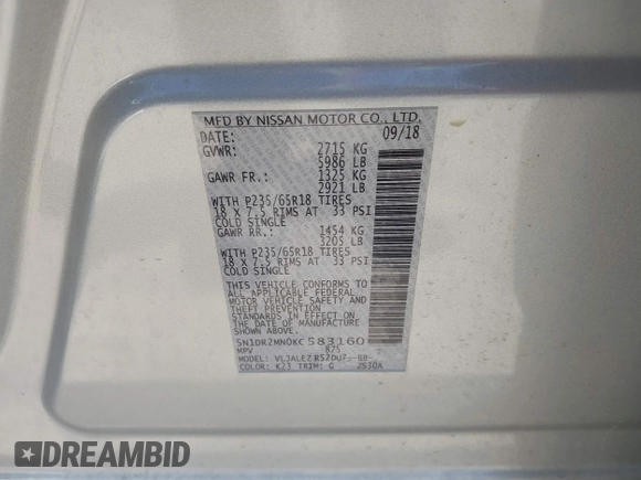 2019 Nissan Pathfinder SL with VIN 5N1DR2MN0KC583160, listed as a IAAI auction lot 41811725 with 81,682 mi miles and . Bid and sale history available at DreamBid. Image 9.