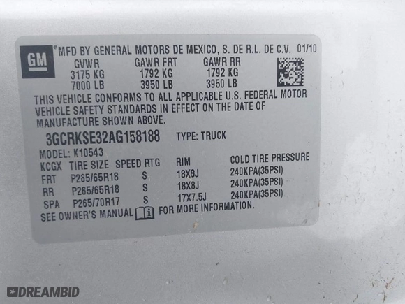 2010 Chevrolet Silverado 1500 LT with VIN 3GCRKSE32AG158188, listed as a IAAI auction lot 41628615 with 171,118 mi miles. Bid and sale history available at carsss.com. Image 9.