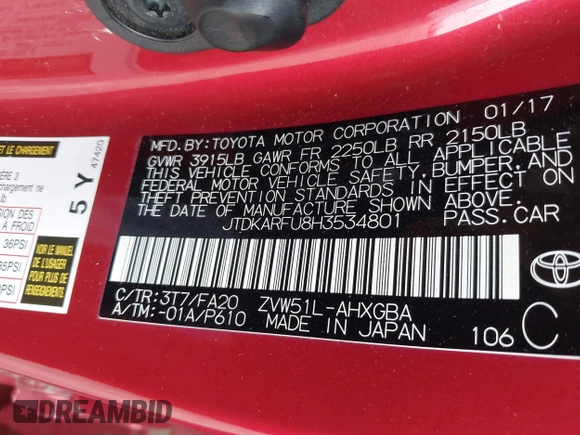 2017 Toyota Prius Two с VIN JTDKARFU8H3534801, выставлен на аукционе IAAI как лот 41644630 с пробегом 151 567 миль миль и . История ставок и продаж доступна на DreamBid. Изображение 9.