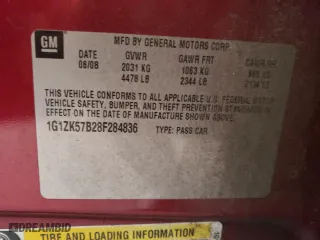 2008 Chevrolet Malibu LTZ with VIN 1G1ZK57B28F284836, listed as a Copart auction lot 83314604 with 203,900 mi miles and Salvage Title. Bid and sale history available at carsss.com. Image 12.