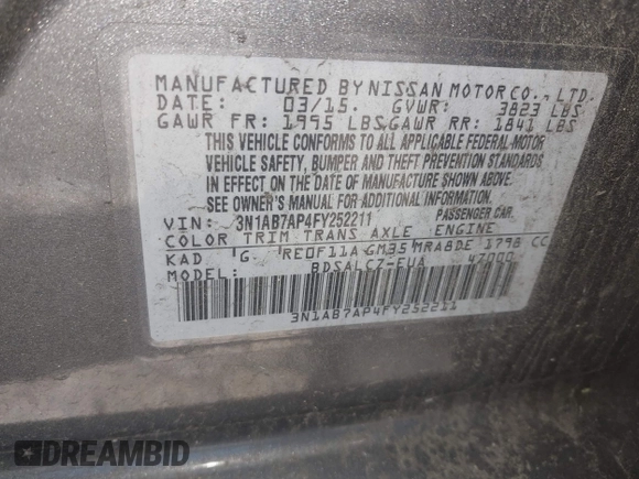 2015 Nissan Sentra SR with VIN 3N1AB7AP4FY252211, listed as a IAAI auction lot 42142349 with 171,858 mi miles and . Bid and sale history available at DreamBid. Image 9.