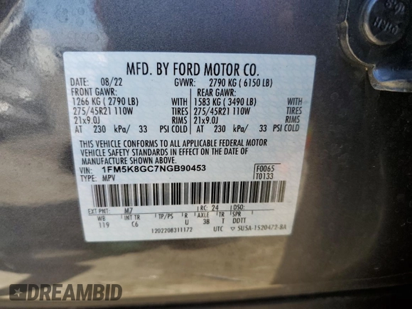 2022 Ford Explorer ST with VIN 1FM5K8GC7NGB90453, listed as a Copart auction lot 43758095 with 26,204 mi miles and Non Repairable. Bid and sale history available at carsss.com. Image 14.