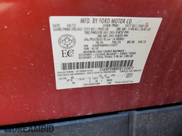 2015 Ford Taurus SEL with VIN 1FAHP2H89FG155477, listed as a Copart auction lot 49593245 with 122,448 mi miles and Salvage Title. Bid and sale history available at DreamBid. Image 15.
