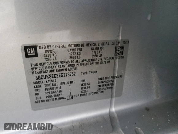 2014 Chevrolet Silverado 1500 LTZ with VIN 3GCUKSEC2EG273762, listed as a Copart auction lot 84682874 with 109,647 mi miles and Salvage Title. Bid and sale history available at DreamBid. Image 12.