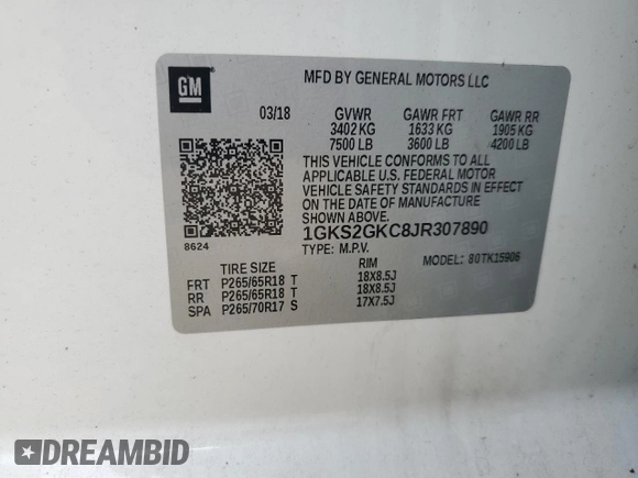 2018 GMC Yukon XL SLT with VIN 1GKS2GKC8JR307890, listed as a Copart auction lot 54428945 with 65,590 mi miles and Salvage title. Bid and sale history available at DreamBid. Image 14.