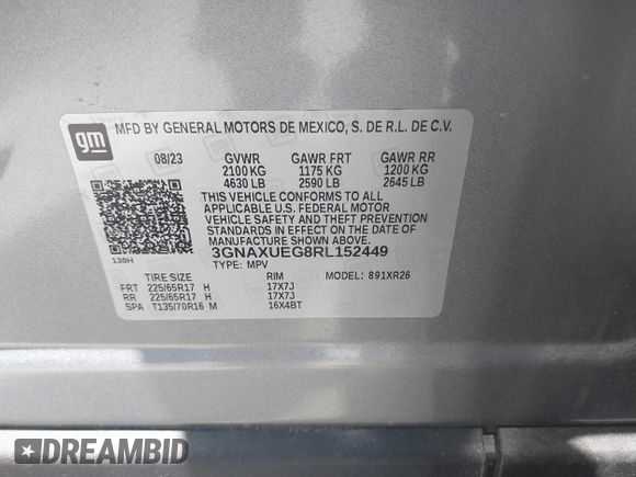 2024 Chevrolet Equinox LT with VIN 3GNAXUEG8RL152449, listed as a IAAI auction lot 42209300 with 39,572 mi miles and . Bid and sale history available at DreamBid. Image 9.