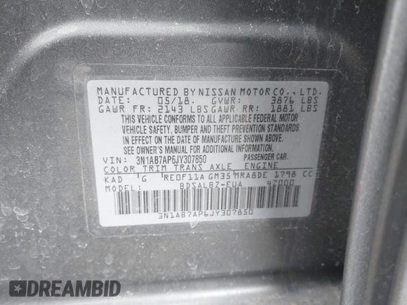 2018 Nissan Sentra SV with VIN 3N1AB7AP6JY307850, listed as a IAAI auction lot 41879061 with 180,890 mi miles and . Bid and sale history available at DreamBid. Image 9.
