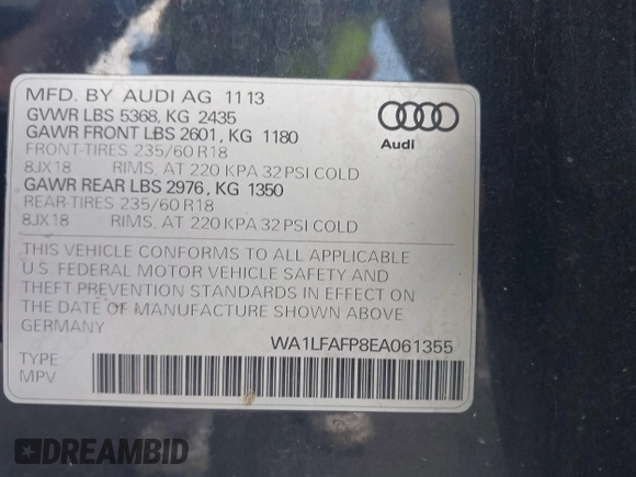 2014 Audi Q5 Premium Plus with VIN WA1LFAFP8EA061355, listed as a IAAI auction lot 42790298 with 210,382 mi miles and . Bid and sale history available at DreamBid. Image 9.