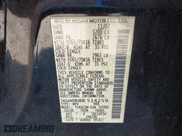 2008 Nissan Xterra S with VIN 5N1AN08U88C514259, listed as a IAAI auction lot 41481325 with 207,740 mi miles and . Bid and sale history available at DreamBid. Image 9.