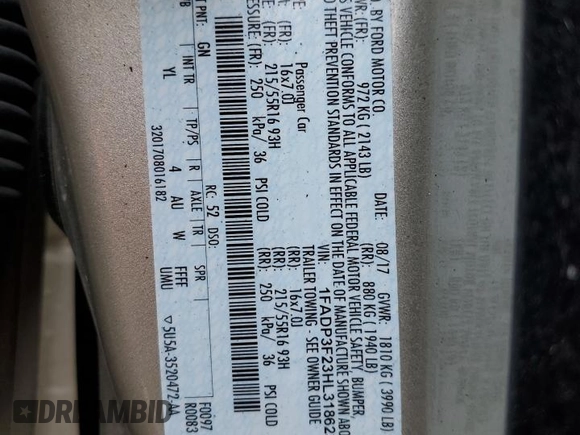 2017 Ford Focus SE с VIN 1FADP3F23HL318623, выставлен на аукционе Copart как лот 55286675 с пробегом 61 147 миль миль и Списание • Salvage title. История ставок и продаж доступна на DreamBid. Изображение 13.