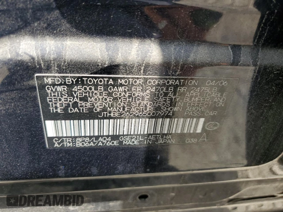 2006 Lexus IS 350 with VIN JTHBE262965007974, listed as a Copart auction lot 62011125 with 196,177 mi miles and Clean title. Bid and sale history available at DreamBid. Image 12.
