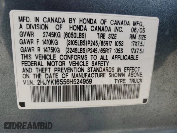 2006 Honda Ridgeline RTL with VIN 2HJYK16556H524959, listed as a Copart auction lot 50733285 with 134,389 mi miles and Salvage Title. Bid and sale history available at carsss.com. Image 12.