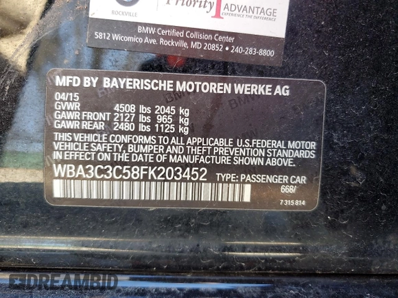 2015 BMW 3 Series 320i xDrive with VIN WBA3C3C58FK203452, listed as a Copart auction lot 47259395 with 100,180 mi miles and Salvage Title. Bid and sale history available at carsss.com. Image 12.