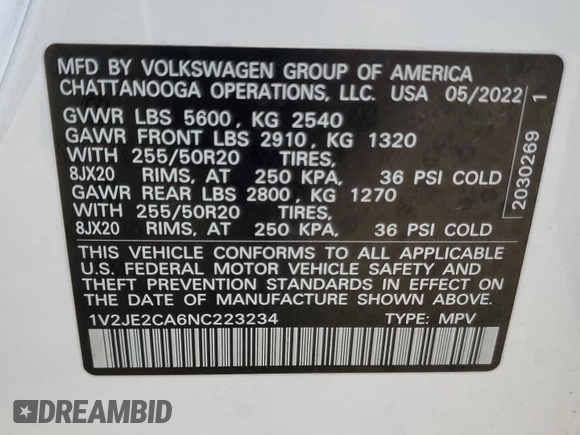 2022 Volkswagen Atlas SE with VIN 1V2JE2CA6NC223234, listed as a Copart auction lot 54621175 with 31,099 mi miles and Salvage title. Bid and sale history available at DreamBid. Image 12.
