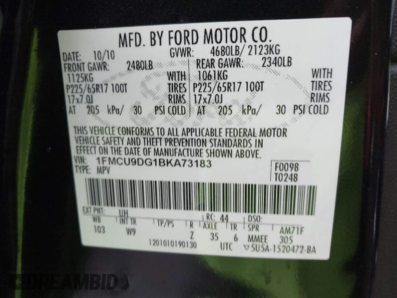 2011 Ford Escape XLT с VIN 1FMCU9DG1BKA73183, выставлен на аукционе IAAI как лот 42313916 с пробегом 96 296 миль миль и . История ставок и продаж доступна на DreamBid. Изображение 9.