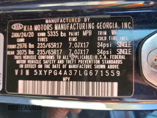 2020 Kia Sorento LX with VIN 5XYPG4A37LG671559, listed as a Copart auction lot 49225005 with 56,023 mi miles and Salvage Title. Bid and sale history available at DreamBid. Image 13.