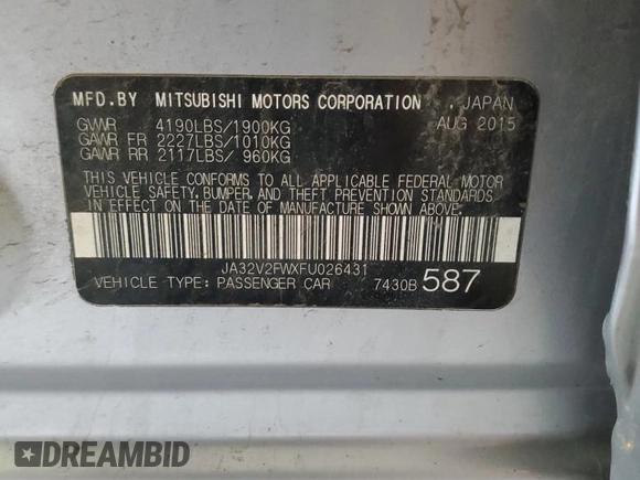 2015 Mitsubishi Lancer SE with VIN JA32V2FWXFU026431, listed as a Copart auction lot 55418835 with 164,899 mi miles and Salvage Title. Bid and sale history available at DreamBid. Image 13.