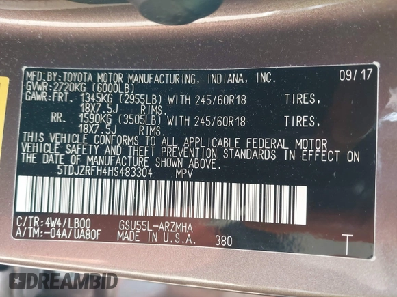 2017 Toyota Highlander XLE with VIN 5TDJZRFH4HS483304, listed as a IAAI auction lot 42134994 with 115,322 mi miles and . Bid and sale history available at DreamBid. Image 9.
