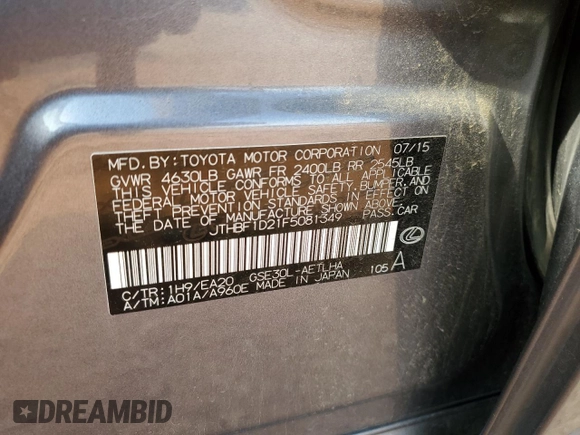 2015 Lexus IS 250 with VIN JTHBF1D21F5081349, listed as a Copart auction lot 57173495 with 69,468 mi miles and Salvage title. Bid and sale history available at DreamBid. Image 13.