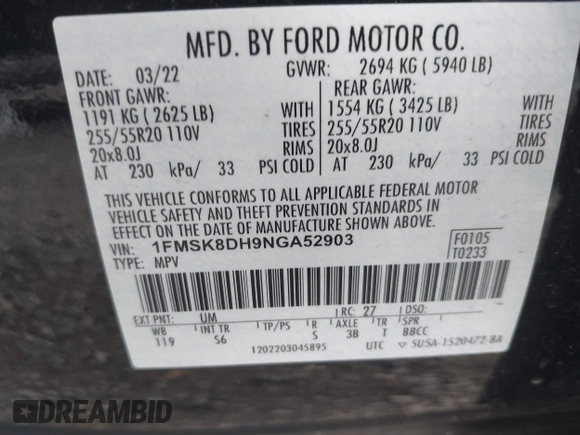 2022 Ford Explorer XLT with VIN 1FMSK8DH9NGA52903, listed as a IAAI auction lot 42704656 with 63,591 mi miles and . Bid and sale history available at DreamBid. Image 9.