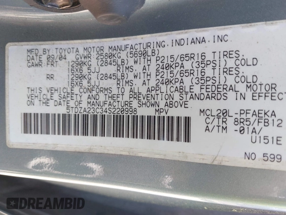 2004 Toyota Sienna CE with VIN 5TDZA23C34S220998, listed as a IAAI auction lot 42176299 with 345,935 mi miles and . Bid and sale history available at DreamBid. Image 9.