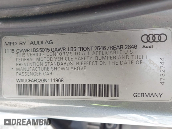 2016 Audi A6 Premium z VIN WAUCFAFC2GN111968, wystawiony jako IAAI lot #42003738 z przebiegiem 149 089 mil mil oraz . Historia ofert i sprzedaży dostępna na DreamBid. Obrazek 9.