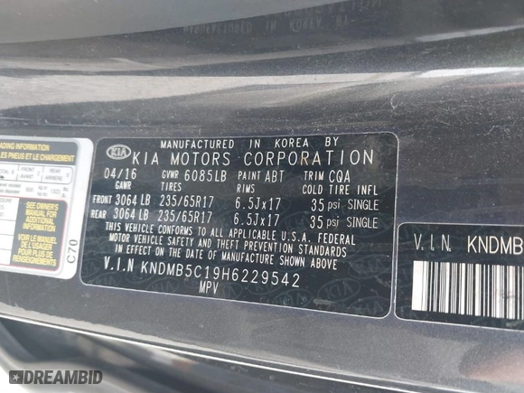 2017 Kia Sedona LX with VIN KNDMB5C19H6229542, listed as a IAAI auction lot 41843656 with NaN miles. Bid and sale history available at carsss.com. Image 9.