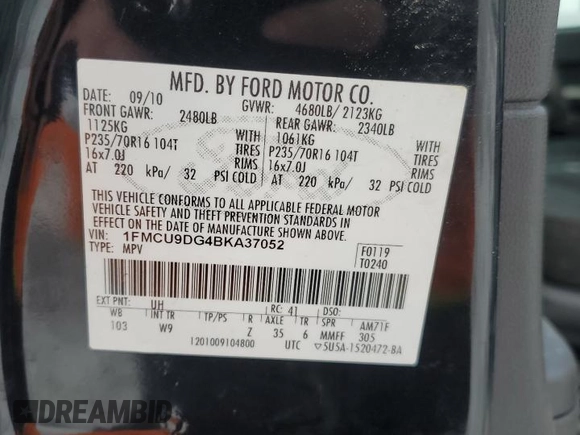 2011 Ford Escape XLT with VIN 1FMCU9DG4BKA37052, listed as a Copart auction lot 88794675 with 170,805 mi miles and Non repairable. Bid and sale history available at DreamBid. Image 12.