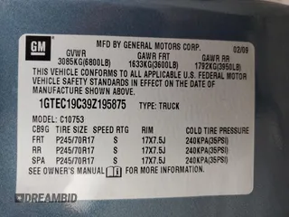 2009 GMC Sierra 1500 Work Truck z VIN 1GTEC19C39Z195875, wystawiony jako Copart lot #82365714 z przebiegiem 67 550 mil mil oraz Szkoda całkowita • Salvage title. Historia ofert i sprzedaży dostępna na DreamBid. Obrazek 12.
