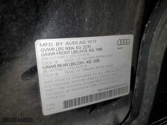 2018 Audi A4 allroad Premium Plus with VIN WA18NAF40JA039729, listed as a Copart auction lot 67198504 with 113,629 mi miles and Salvage Title. Bid and sale history available at carsss.com. Image 14.