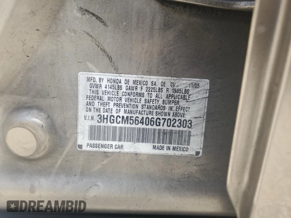 2006 Honda Accord LX с VIN 3HGCM56406G702303, выставлен на аукционе Copart как лот 60987745 с пробегом Не указан миль и На запчасти • Non repairable. История ставок и продаж доступна на DreamBid. Изображение 13.