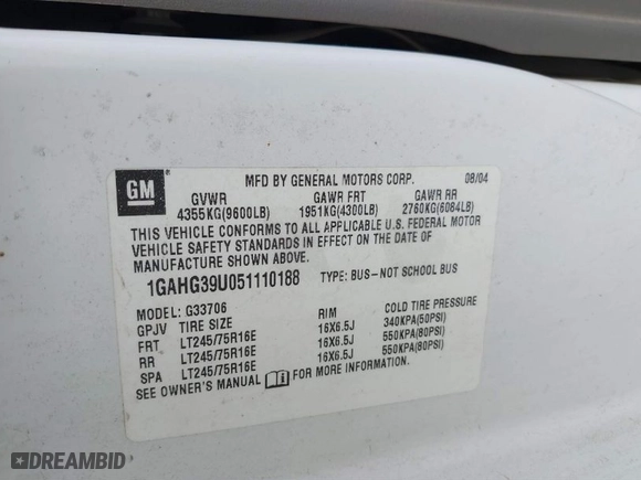 2005 Chevrolet Express Passenger with VIN 1GAHG39U051110188, listed as a IAAI auction lot 41793268 with 245,267 mi miles. Bid and sale history available at carsss.com. Image 9.