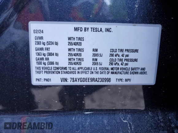 2024 Tesla Model Y Long Range с VIN 7SAYGDEE9RA230998, выставлен на аукционе Copart как лот 51682025 с пробегом Не указан миль и Списание • Salvage title. История ставок и продаж доступна на DreamBid. Изображение 14.