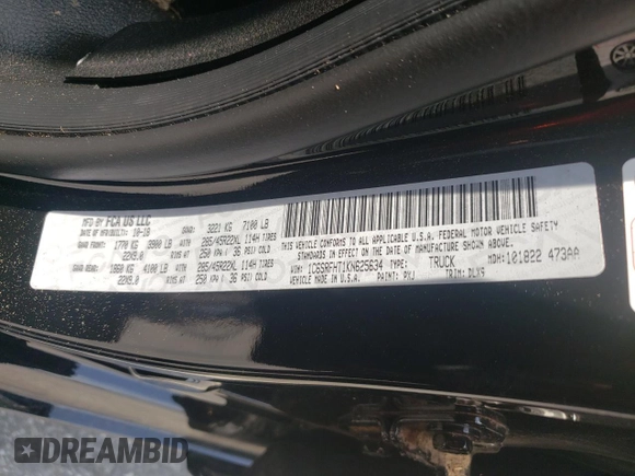 2019 Ram 1500 Limited with VIN 1C6SRFHT1KN625634, listed as a Copart auction lot 62355315 with 65,171 mi miles and Salvage title. Bid and sale history available at DreamBid. Image 12.