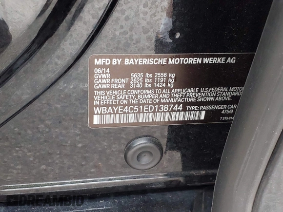 2014 BMW 7 Series 740Li with VIN WBAYE4C51ED138744, listed as a IAAI auction lot 42254213 with 116,157 mi miles and . Bid and sale history available at DreamBid. Image 9.