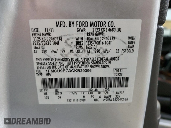 2012 Ford Escape Limited with VIN 1FMCU9EG3CKB29396, listed as a Copart auction lot 61801805 with 181,922 mi miles and Clean title. Bid and sale history available at DreamBid. Image 13.