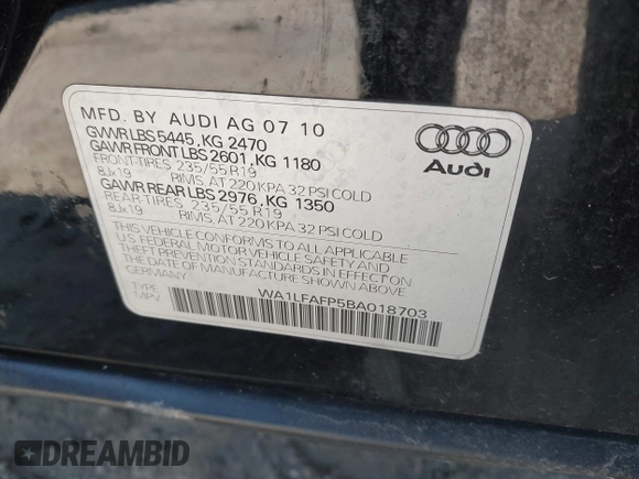 2011 Audi Q5 Premium Plus with VIN WA1LFAFP5BA018703, listed as a IAAI auction lot 42109505 with 178,894 mi miles and . Bid and sale history available at DreamBid. Image 9.