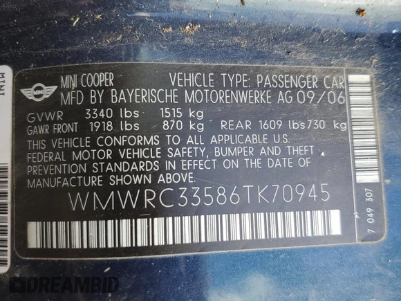 2006 MINI Hardtop с VIN WMWRC33586TK70945, выставлен на аукционе Copart как лот 57802225 с пробегом 131 581 миль миль и Чистый • Clean title. История ставок и продаж доступна на DreamBid. Изображение 13.