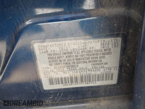 2017 Nissan Sentra S z VIN 3N1AB7AP7HY380915, wystawiony jako IAAI lot #42082034 z przebiegiem 152 808 mil mil oraz . Historia ofert i sprzedaży dostępna na DreamBid. Obrazek 9.